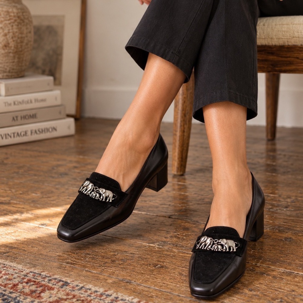 VTG Ros Hommerson Black Leather Suede Elephant Loafers 8.5N Flats Shoes Preppy